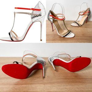 Luxury Red Sole Silver T-Strap Stiletto Sandals - Silver/Red